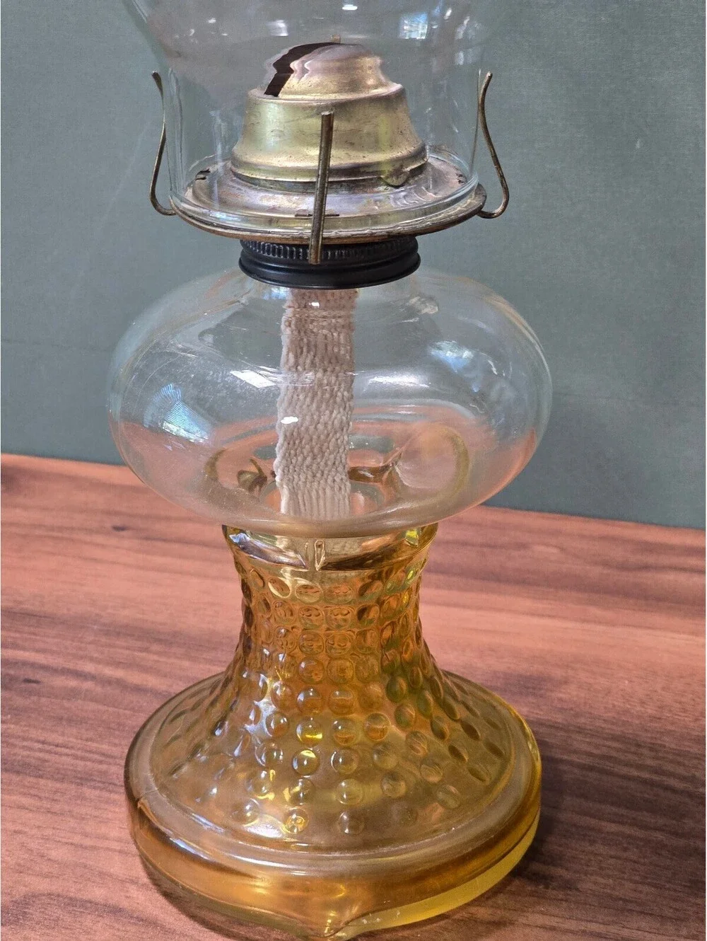 Vintage Amber Hobnail Glass Oill lamp with Clear Chimney Hurricane Light 16